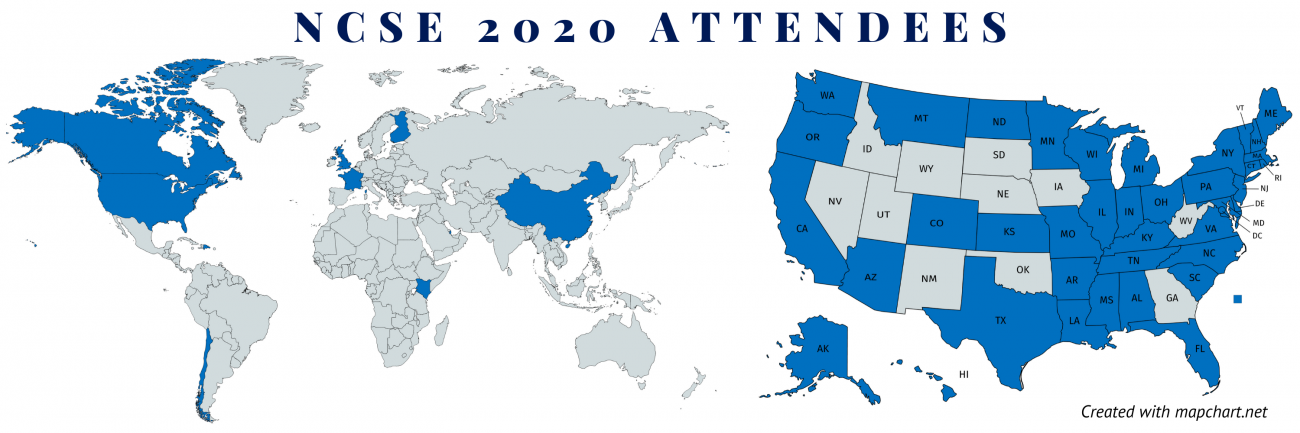Map of world and USA showing where NCSE 2020 attendees are from