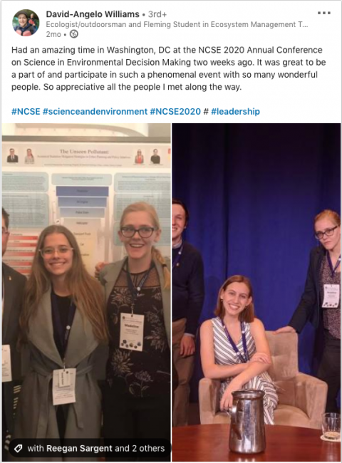 LinkedIn Post: Had an amazing time in Washington, DC at the NCSE 2020 Annual Conference on Science in Environmental Decision Making two weeks ago. It was great to be a part of and participate in such a phenomenal event with so many wonderful people. So appreciative all the people I met along the way.   #NCSE #scienceandenvironment #NCSE2020 # #leadership